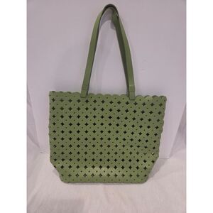 J. Crew Green Laser Cut Leather Tote Bag Scalloped Perforated Shoulder Handbag